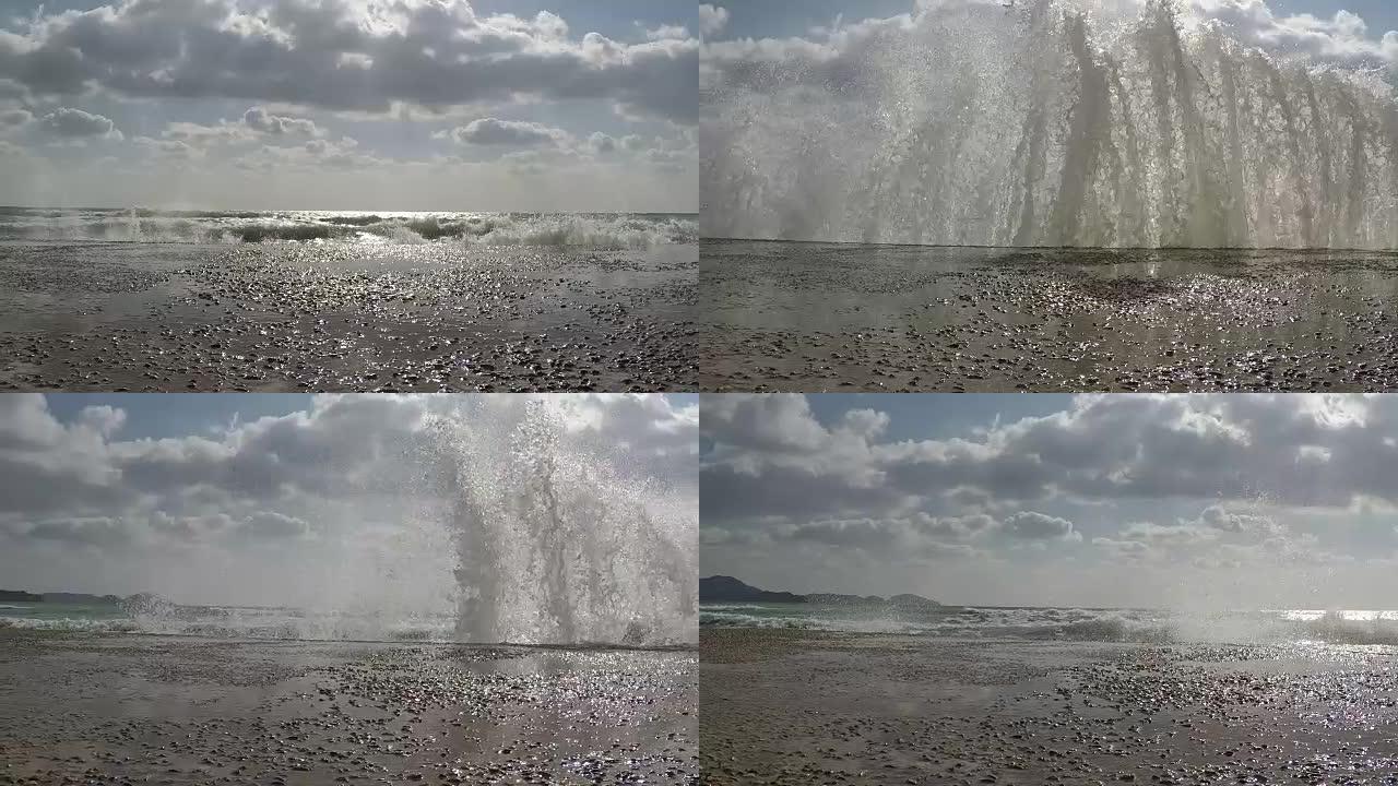 海上海浪冲击石墩