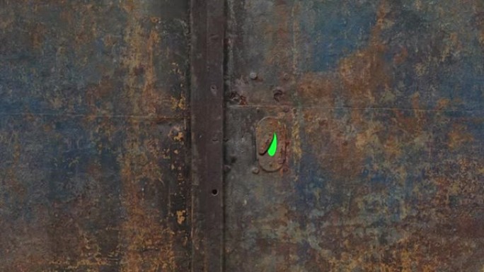 金属门上的钥匙孔和外部的绿色屏幕。放大