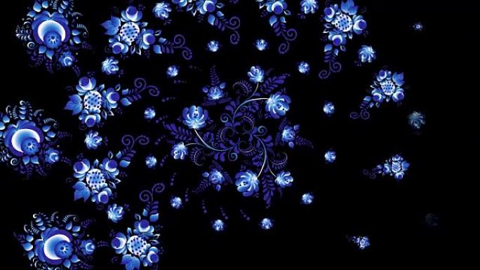 俄罗斯Khokhloma的动画。黑色背景上明亮的蓝色花朵的Khokhloma俄罗斯
