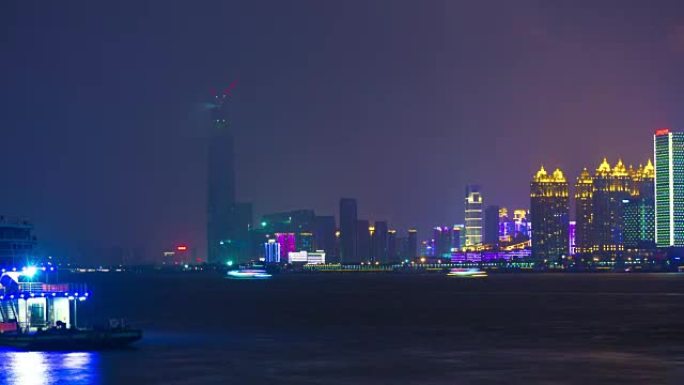 夜间照明武汉市河滨湾巨震大厦全景4k延时中国