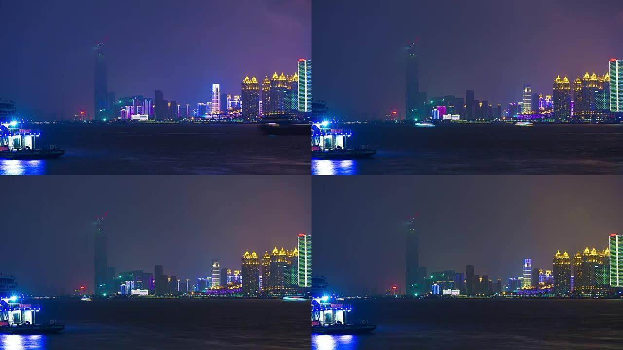 夜间照明武汉市河滨湾巨震大厦全景4k延时中国