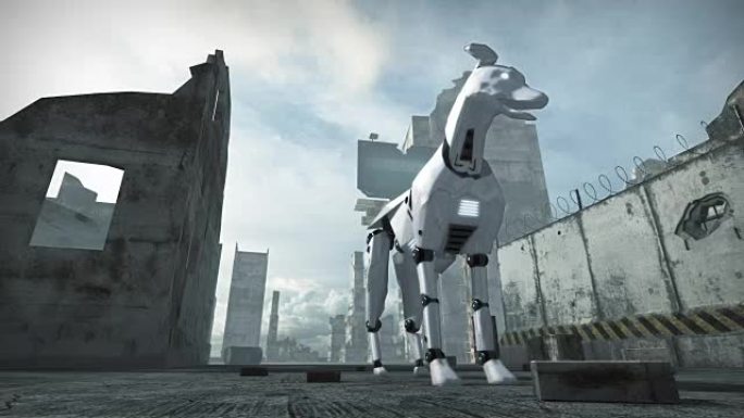 废墟城市中的机器狗动画。3D渲染