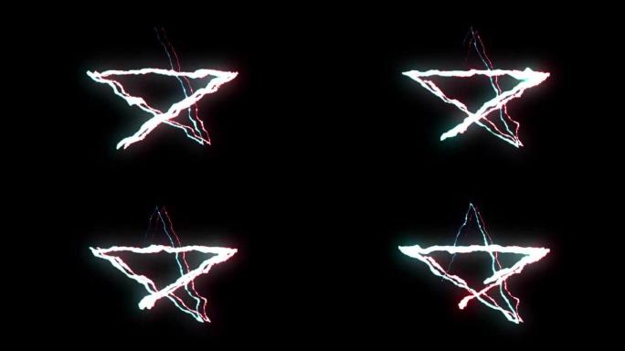 可循环红色蓝色霓虹灯闪电星符号形状飞行黑色背景动画新质量独特自然光效果视频素材