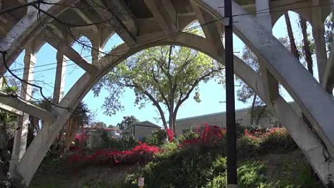 混凝土拱桥下美丽的花园