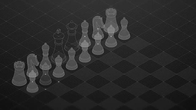 3D等距虚拟透明象棋与方形网格图案棋盘，黑色背景上的商业技术战略概念设计，无缝循环动画4K与复制空间