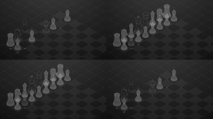 3D等距虚拟透明象棋与方形网格图案棋盘，黑色背景上的商业技术战略概念设计，无缝循环动画4K与复制空间