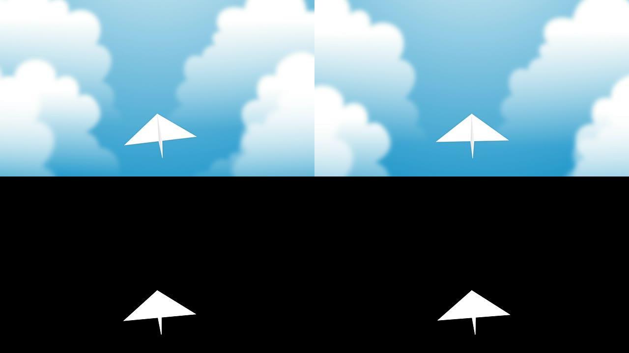 纸飞机在天空中飞行与云循环动画4K在蓝色渐变背景与阿尔法通道
