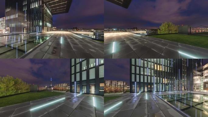 黄昏的杜塞尔多夫。360度全景无缝视频环路