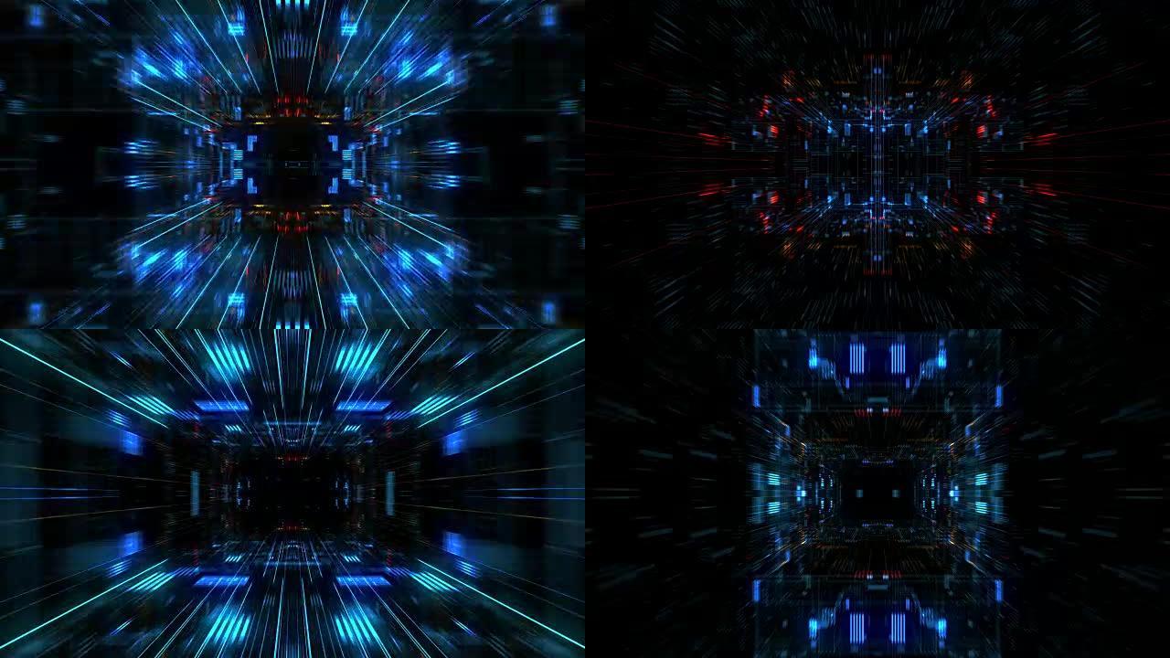 带粒子网格的抽象未来科幻经纱隧道。