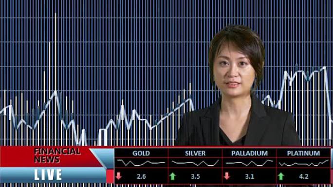 新闻主播介绍电视演播室的财经新闻