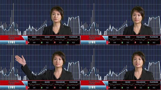 新闻主播介绍电视演播室的财经新闻