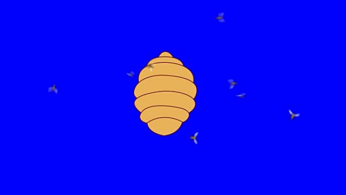 蜜蜂在蓝色屏幕上围绕蜂箱飞行