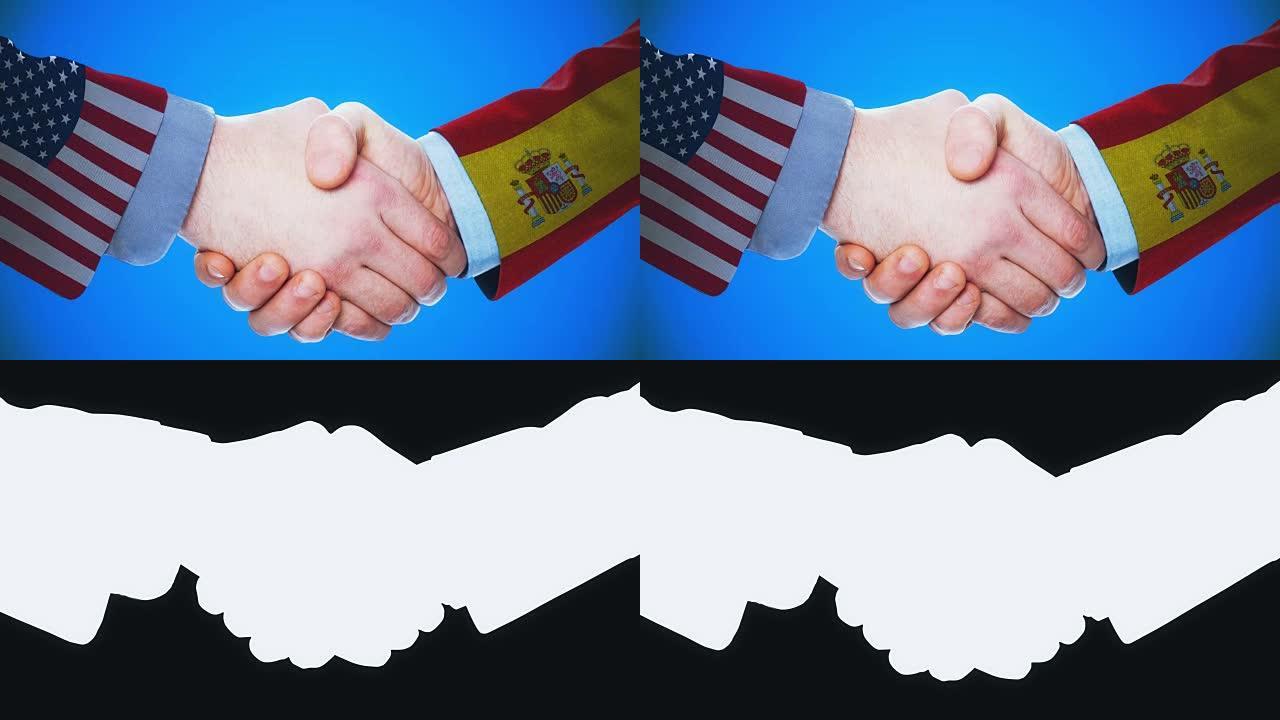 美国-西班牙/握手概念动画国家和政治/与matte频道