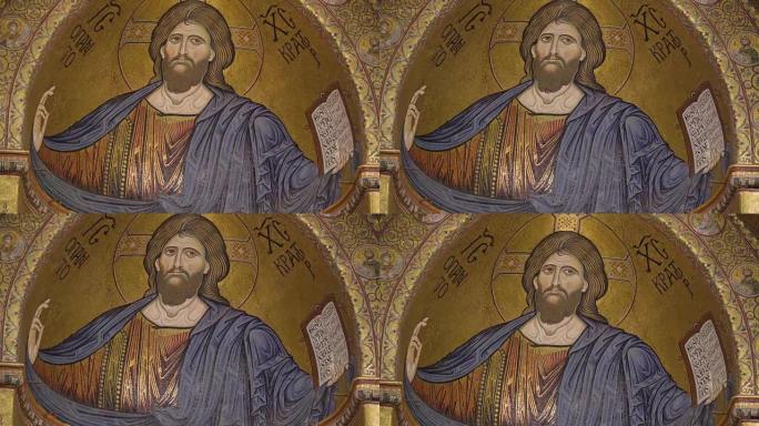 意大利巴勒莫西西里岛大教堂的彩色玻璃上的基督形象