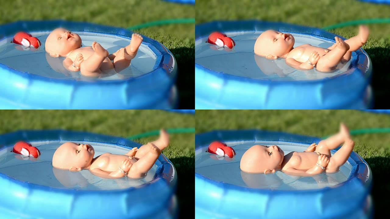 一个移动机器人实时漂浮在儿童泳池里
