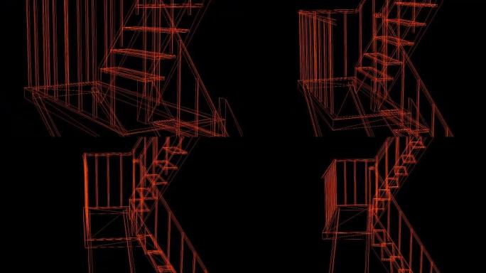 紧急楼梯的线框-3d渲染动画