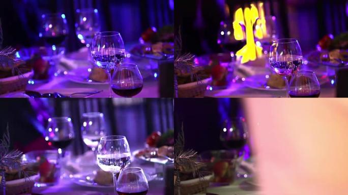 自助餐桌上的香槟和水果酒杯，餐厅或酒店大堂的自助餐桌，相机，浅景深，欢迎餐厅大堂的客人