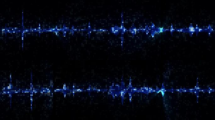 黑色背景上的蓝色数字均衡器音频频谱声波，垂直立体声效果信号