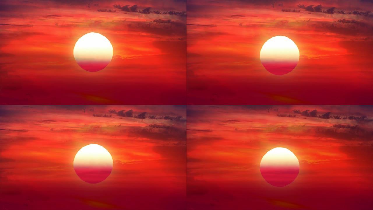 大，大，巨大，巨大的太阳特写变焦延时。橙色、金色、红色的天空日落太阳云延时