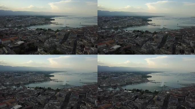 瑞士日落时间日内瓦城市景观湖滨湾空中全景4k