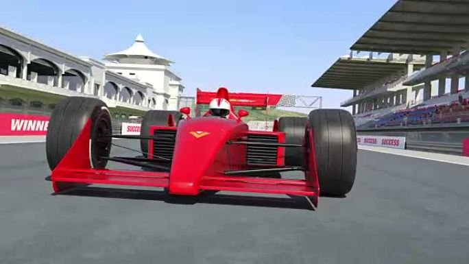 红色赛车穿越终点线并赢得比赛-4k 3D动画