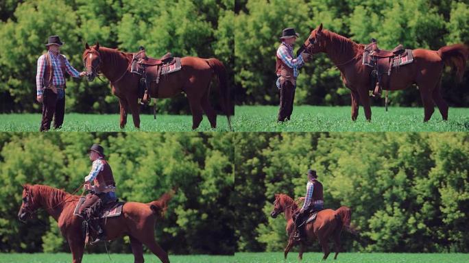 牛仔骑手站在马旁边，然后跳上马，沿着森林跳到田野的远处
