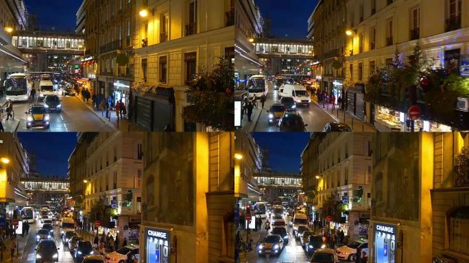 法国夜间照明巴黎双层巴士老佛爷拥挤交通街全景4k