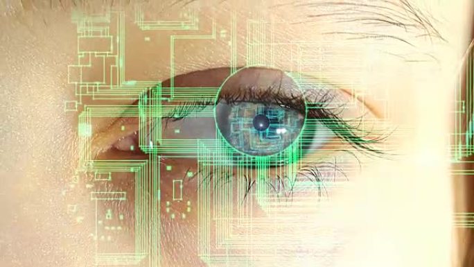 带有电子电路和符号的人眼，未来技术的概念