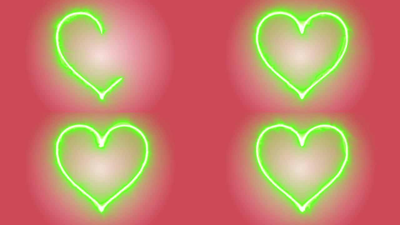 4k动画外观绿色心形火焰或燃烧在粉红色或红色暗底和火火花上。运动图形和动画背景。