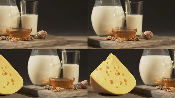 瑞士奶酪楔形，在旧木桌上放一壶牛奶