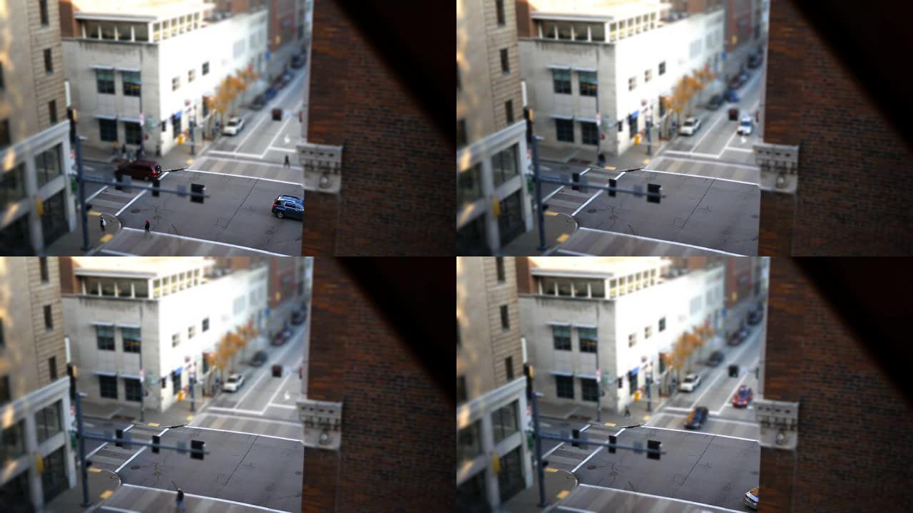 微型城市镜头 -- 小人穿过大城市十字路口