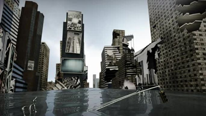 动画时代广场纽约曼哈顿，水环下损坏的道路。3D渲染