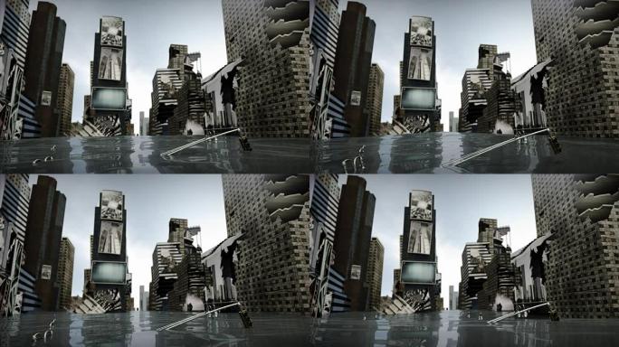 动画时代广场纽约曼哈顿，水环下损坏的道路。3D渲染