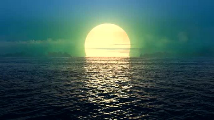 绿色星球 -- 日落在无缝环绕的海洋上。