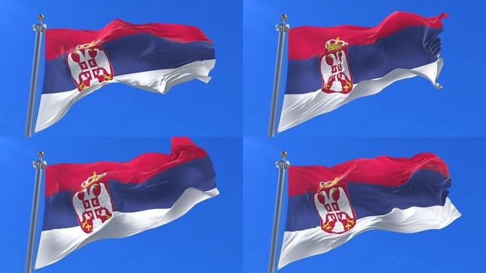 塞尔维亚国旗在蓝天下缓慢挥舞，循环