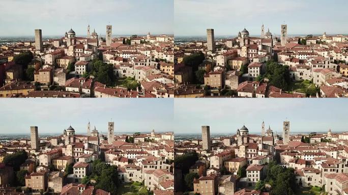 贝加莫老城的无人驾驶飞机鸟瞰图。意大利美丽的小镇之一。城市中心及其历史建筑的景观