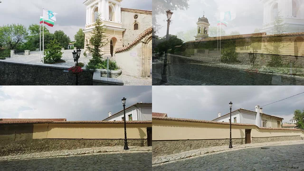 保加利亚普罗夫迪夫老城东正教圣母玛利亚和鹅卵石街的景色
