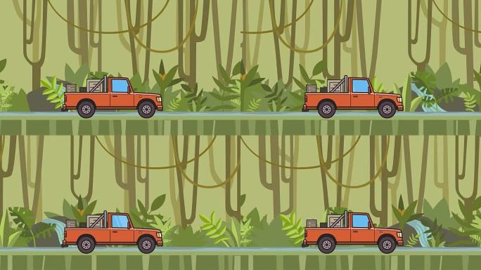 带箱子的动画皮卡车骑在绿色雨林中。在丛林和河流背景上移动送货车。平面动画。