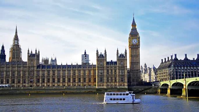 国会大厦和大本钟，船在威斯敏斯特桥下的泰晤士河上经过