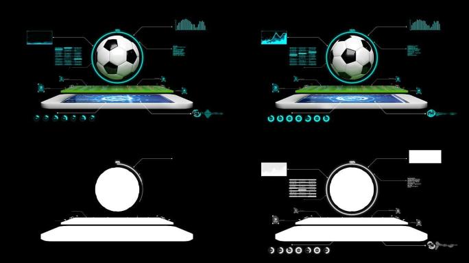 4K 3D动画足球足球场，带旋转足球，带图形和平视显示器和技术元素以及阿尔法哑光足球手机应用概念