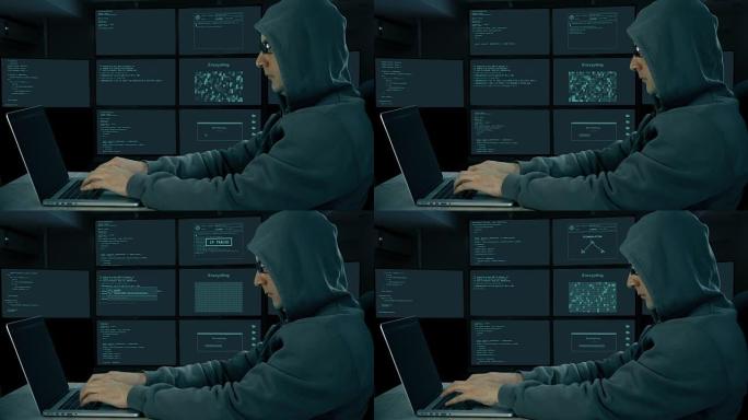 黑客在笔记本电脑上打字。黑夜里，人在电脑上编码。戴墨镜的男人在键盘上打字。侧面形象。监控的房间。
