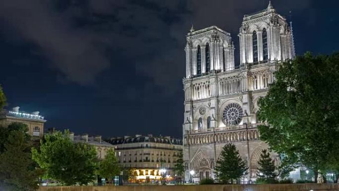 法国巴黎圣母院延时夜景