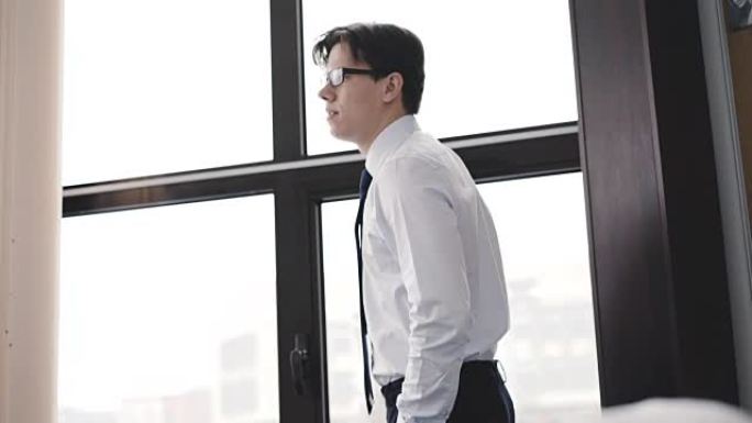 Handsome businessman waiting at windows in office.