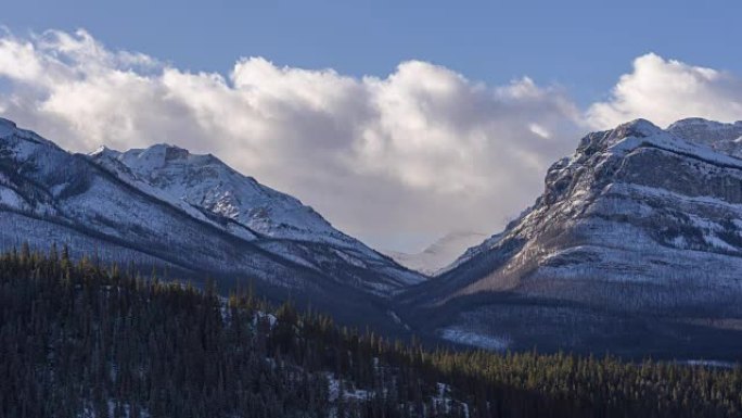 Time lapse of clouds above snowy mountain peaks an