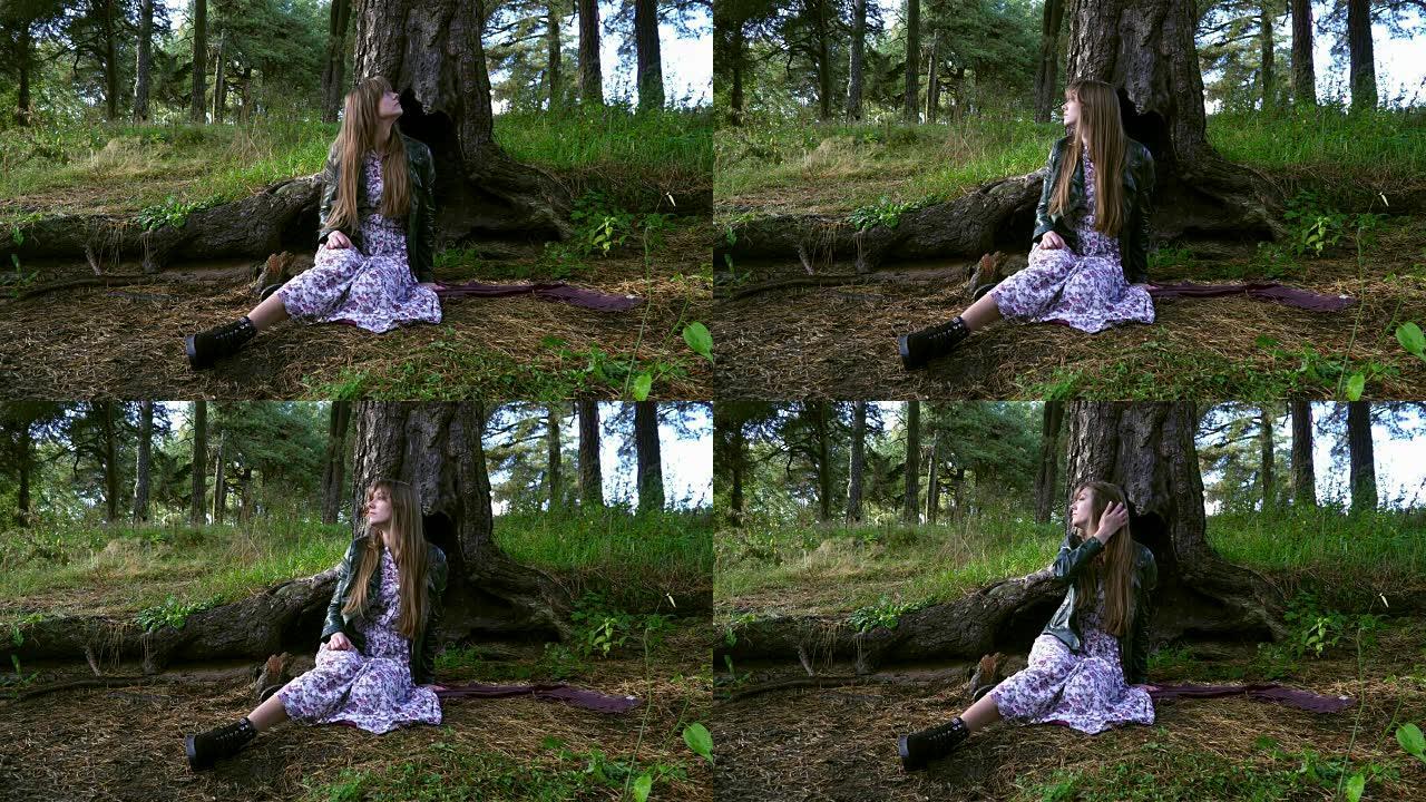 一个美丽的女孩坐在一棵大树下。那个女孩迷路了。