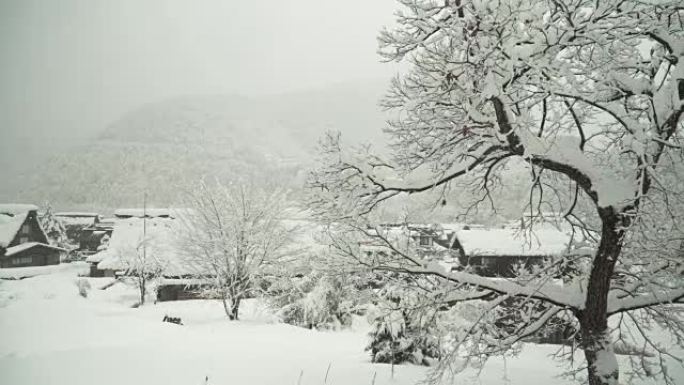 高角度视野平移: 雪strom覆盖了Shirakawago村