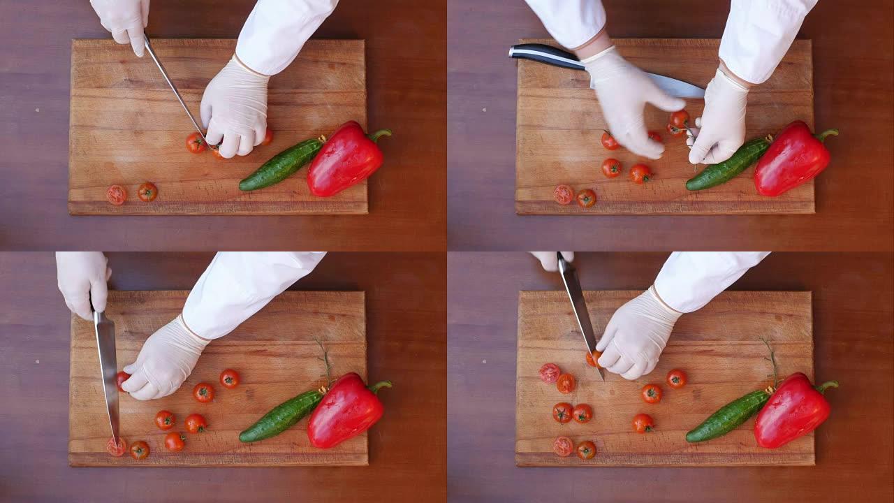 在桌子上切西红柿作为菜肴