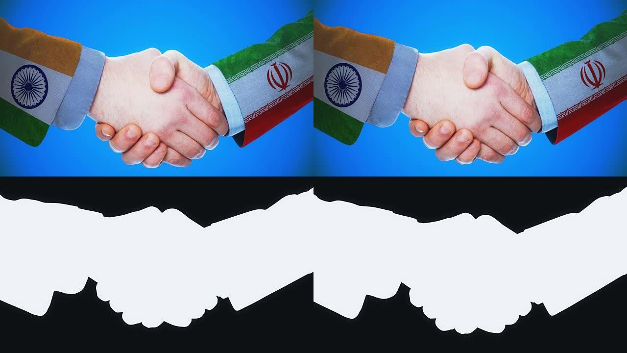 印度-伊朗/握手概念动画国家和政治/与matte频道