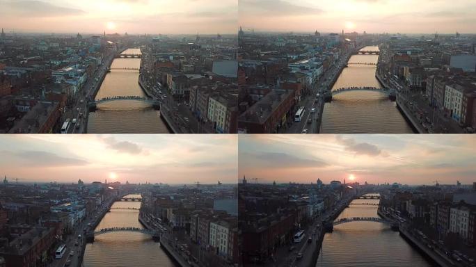 日落时，都柏林市中心与利菲河的鸟瞰图