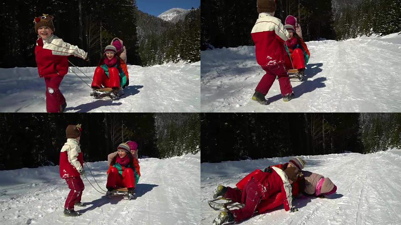 快乐的家庭在冬天在山上的白雪皑皑的森林里玩耍。妈妈和她的两个孩子在拉雪橇。他们在笑。